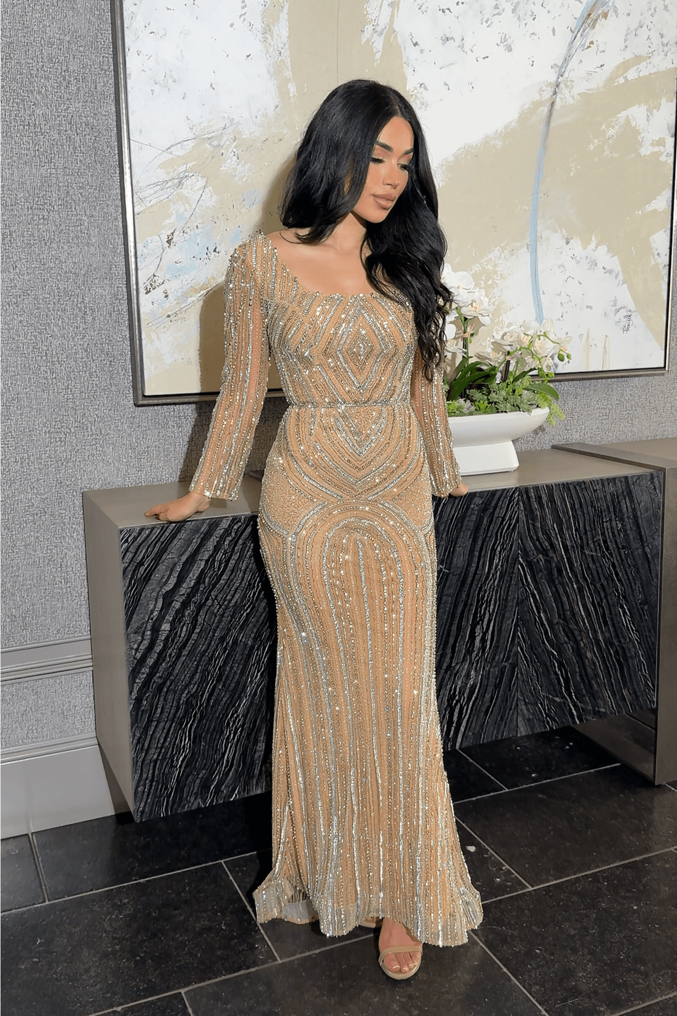Reema Sequin Modest Square Neckline Long Sleeve Embellished Dress Reema Sequin Modest Square Neckline Long Sleeve Embellished Dress