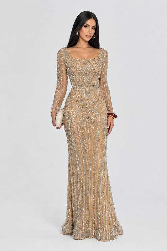 Reema Sequin Modest Square Neckline Long Sleeve Embellished Dress
