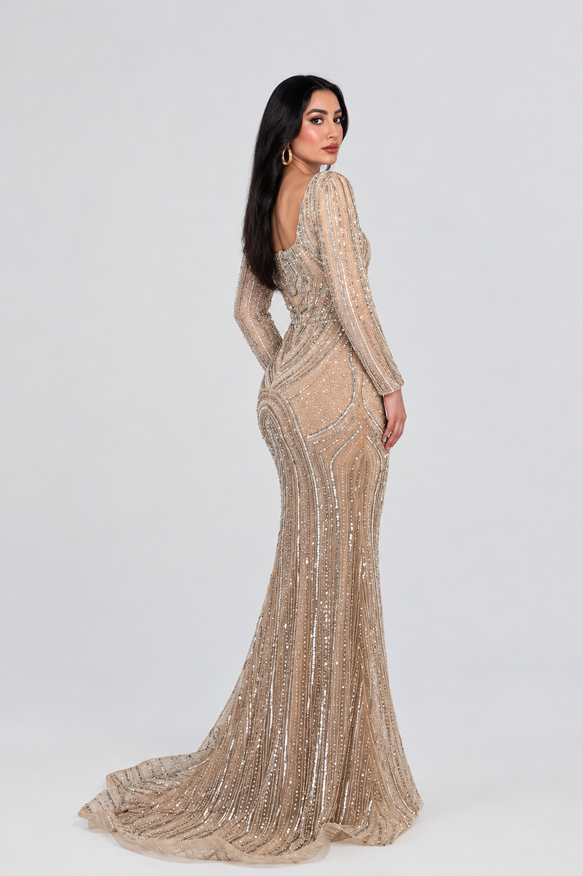Reema Sequin Modest Square Neckline Long Sleeve Embellished Dress