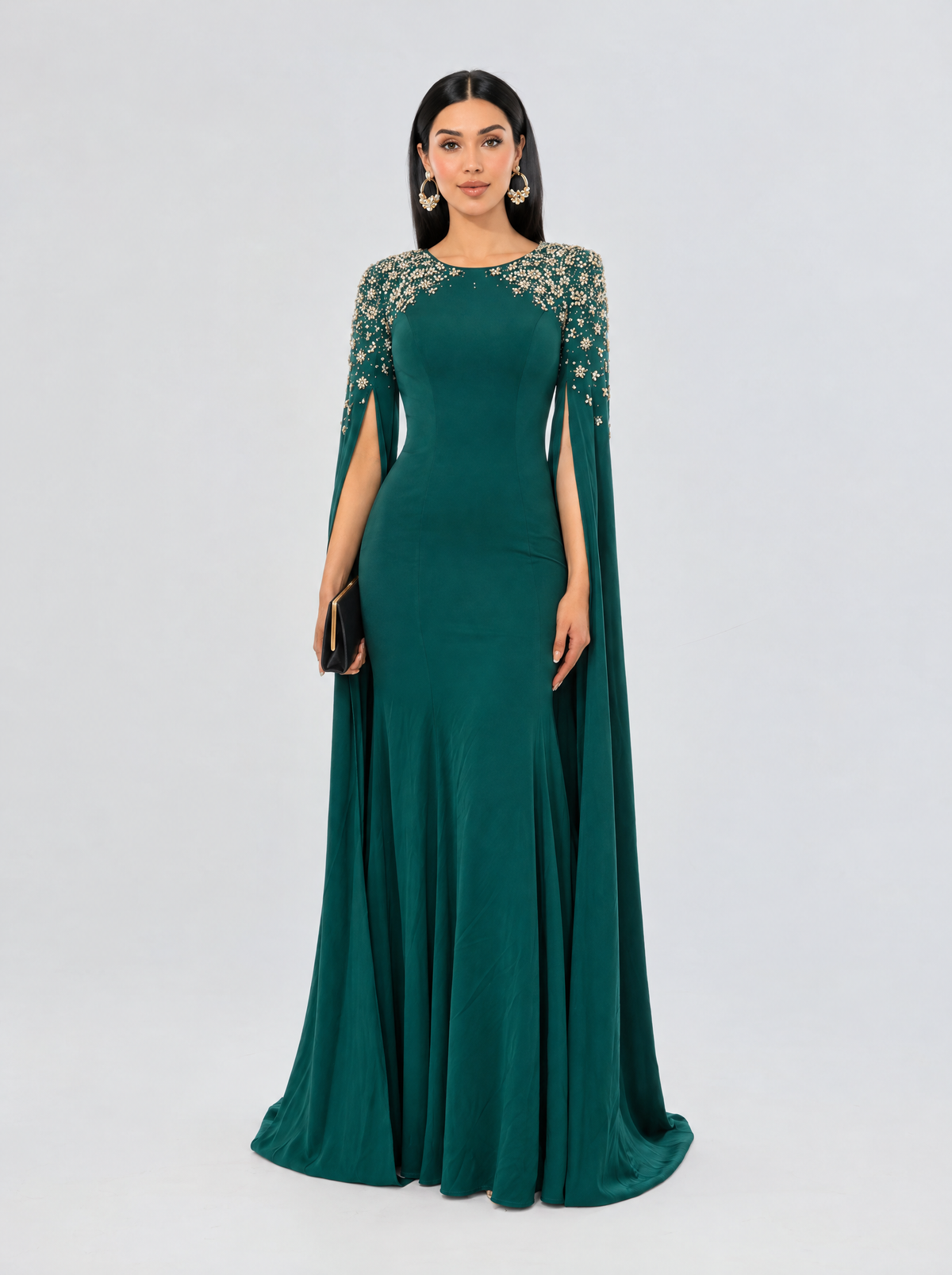 The Reenah Drape crepe sleeve with flower design Evening Gown