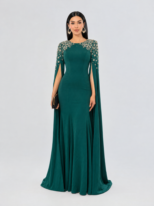 The Reenah Drape crepe sleeve with flower design Evening Gown