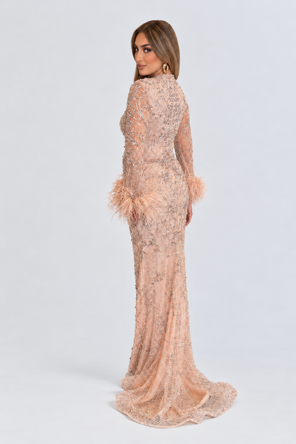 Roshana Long Sleeve Square Neckline Mermaid Dress with Feather Cuffs