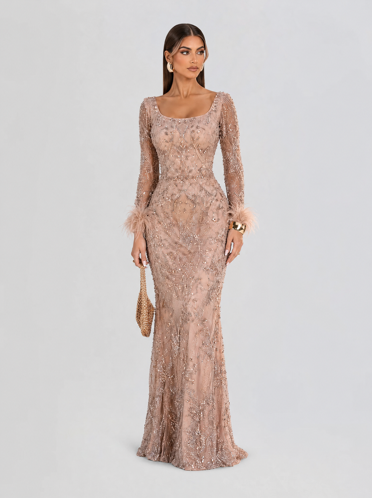 Roshana Long Sleeve Square Neckline Mermaid Dress with Feather Cuffs