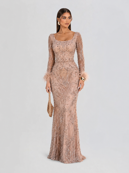 Roshana Long Sleeve Square Neckline Mermaid Dress with Feather Cuffs