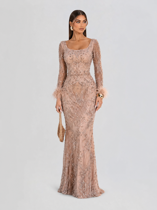 Roshana Long Sleeve Square Neckline Mermaid Dress with Feather Cuffs