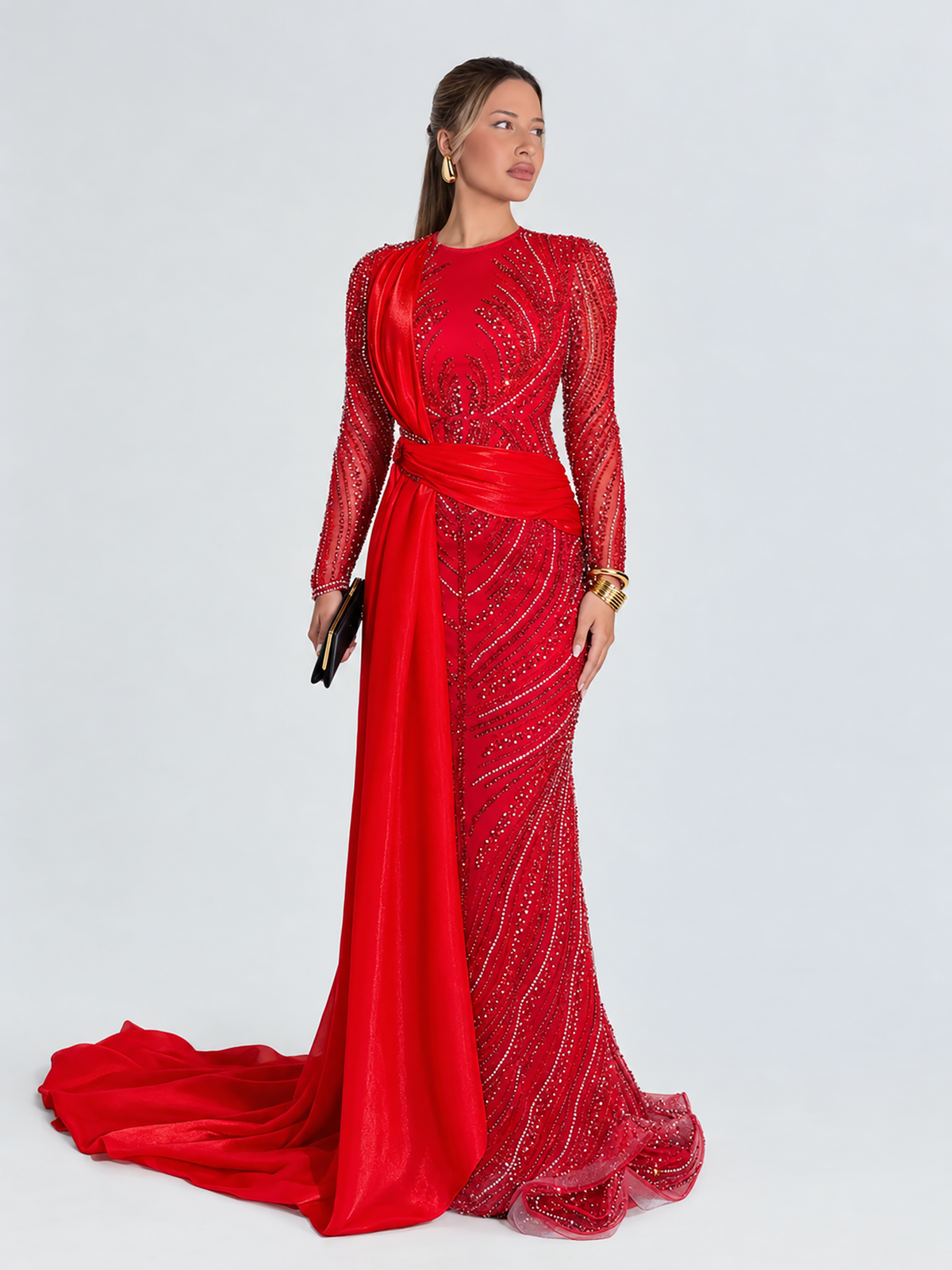 Ruba Sequin Modest Neckline with Long Side Organza Side Skirt