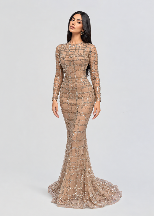 Sahara Embellished Silver Beaded Modest Long Sleeve Dresses