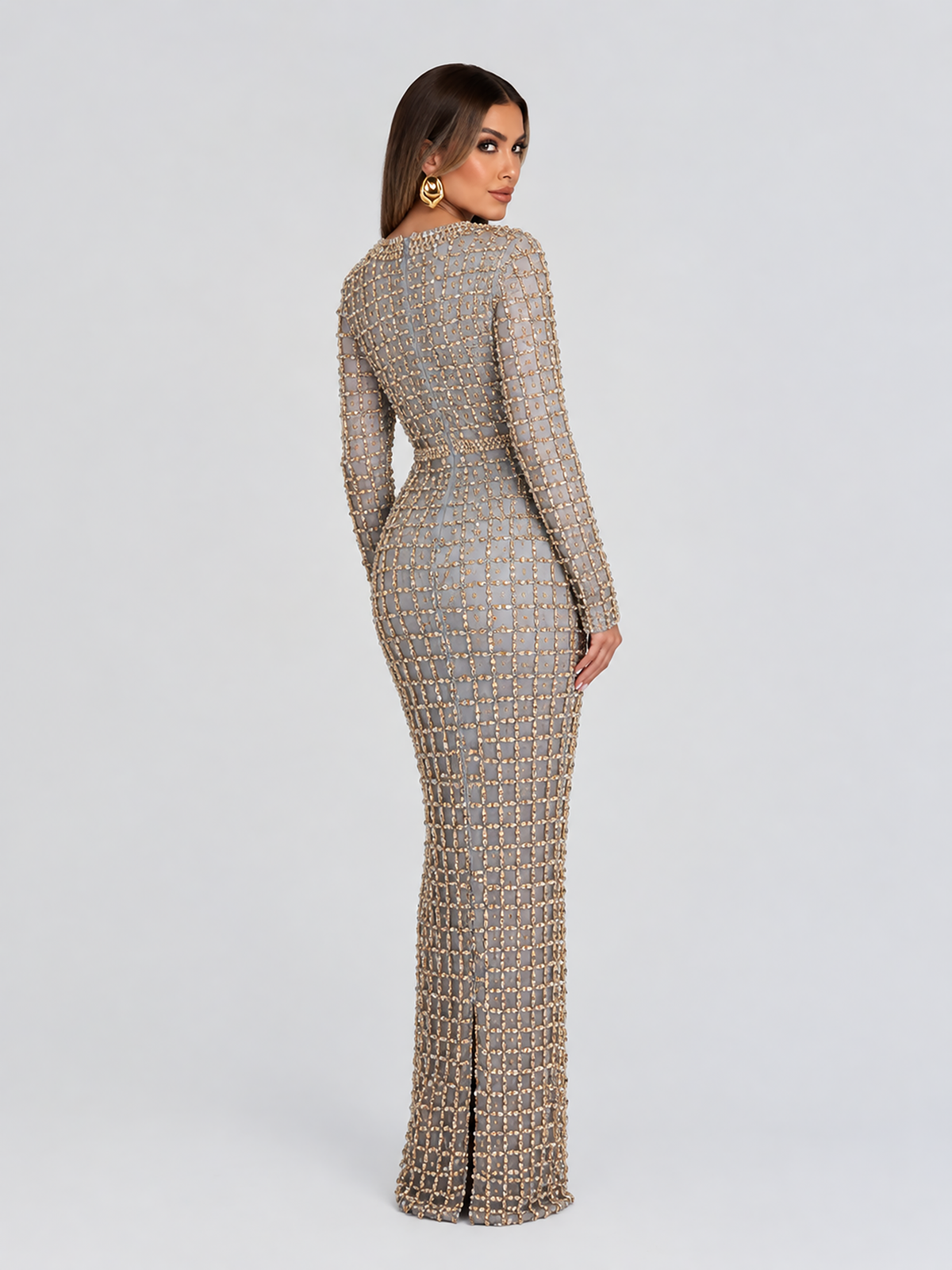 The Salma Crystal Grid Long Sleeve Boat Neckline Modest Dress