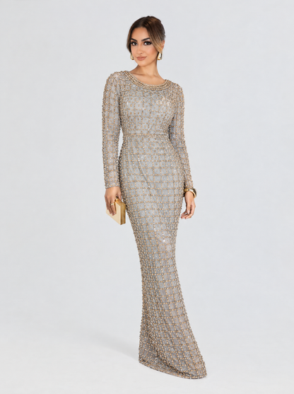The Salma Crystal Grid Long Sleeve Boat Neckline Modest Dress