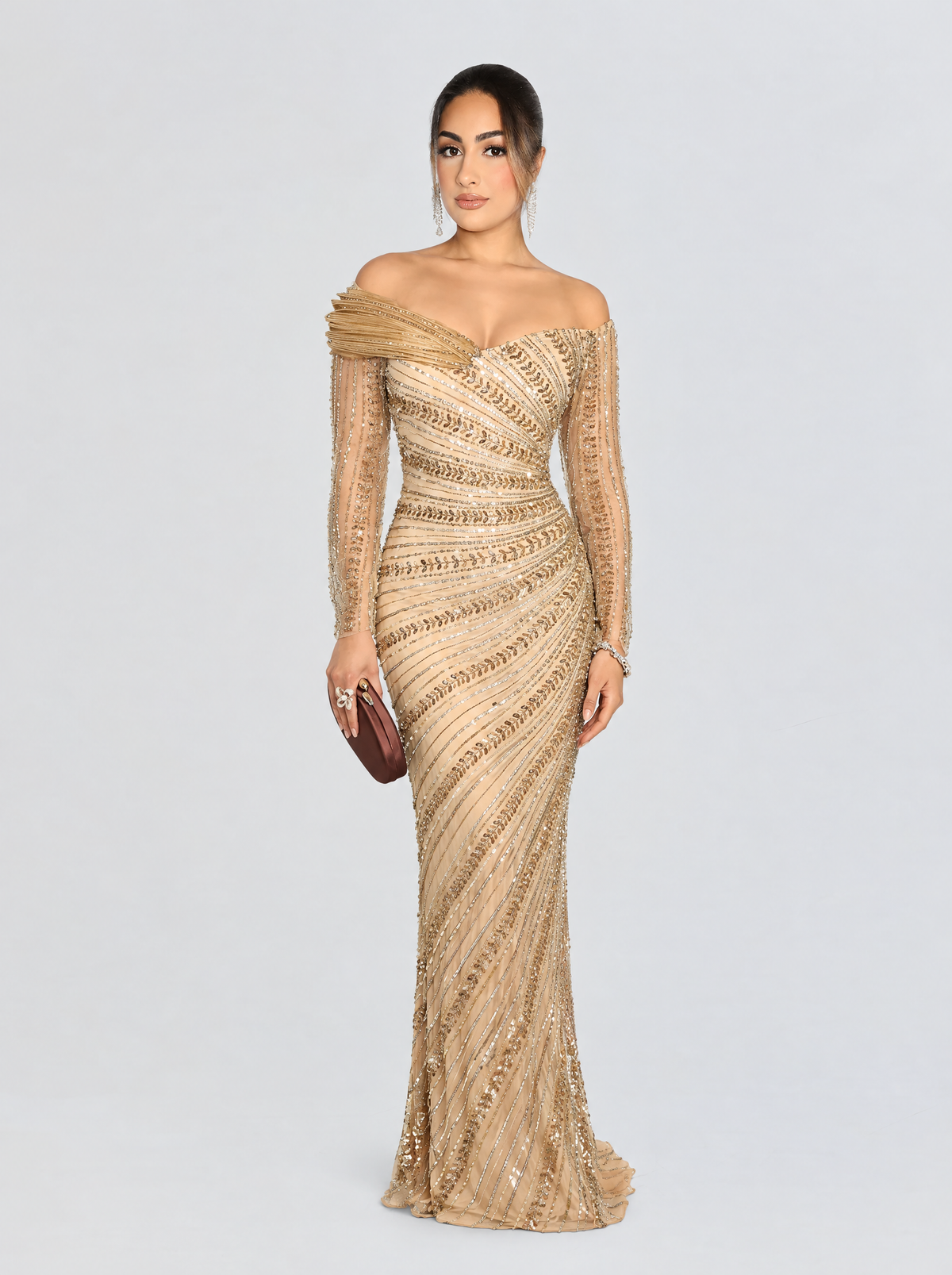 Shazia Embellished Off the Shoulder Long Sleeves with Structured Silhouette
