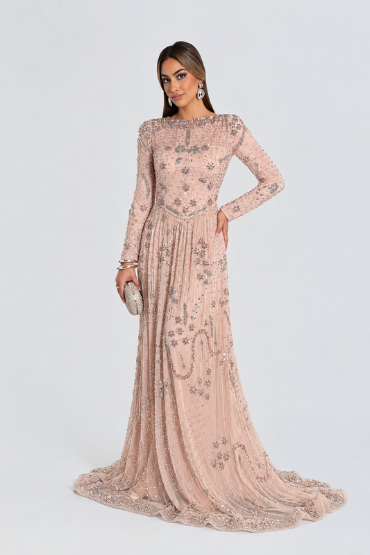 Soraya Long Sleeve Adorned with Intricate Beadwork and Shimmering Stones