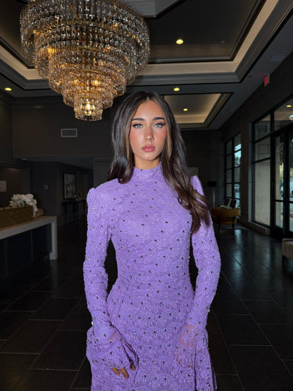 Lila High Neckline Long Fitted Sleeves Floral Lace
