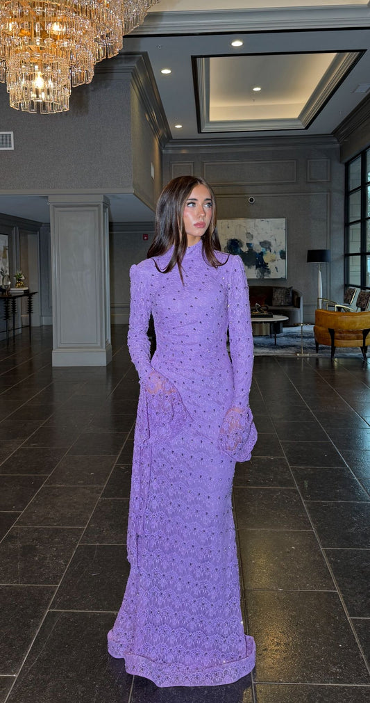 Lila High Neckline Long Fitted Sleeves Floral Lace