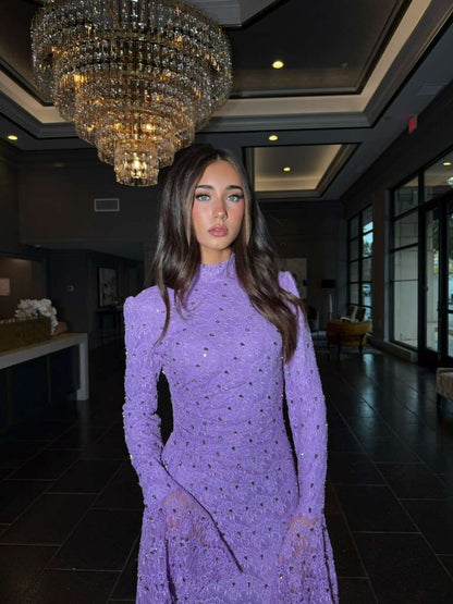 Lila High Neckline Long Fitted Sleeves Floral Lace