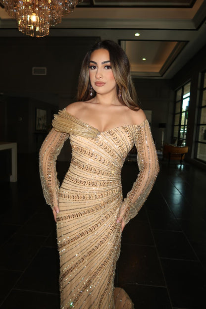 Shazia Embellished Off the Shoulder Long Sleeves with Structured Silhouette