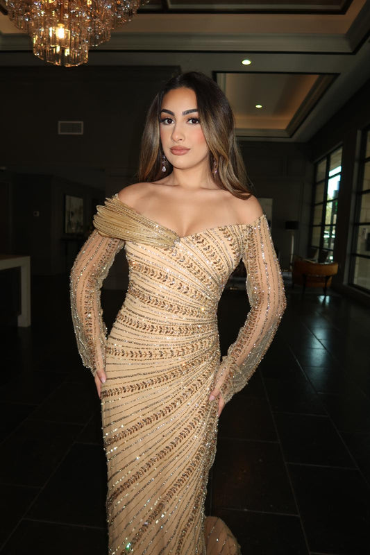 Shazia Embellished Off the Shoulder Long Sleeves with Structured Silhouette