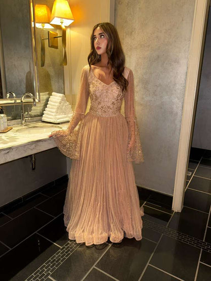 Hiba Bell Sleeves Scalloped-edge Cuffs V-neckline Embellished Gown