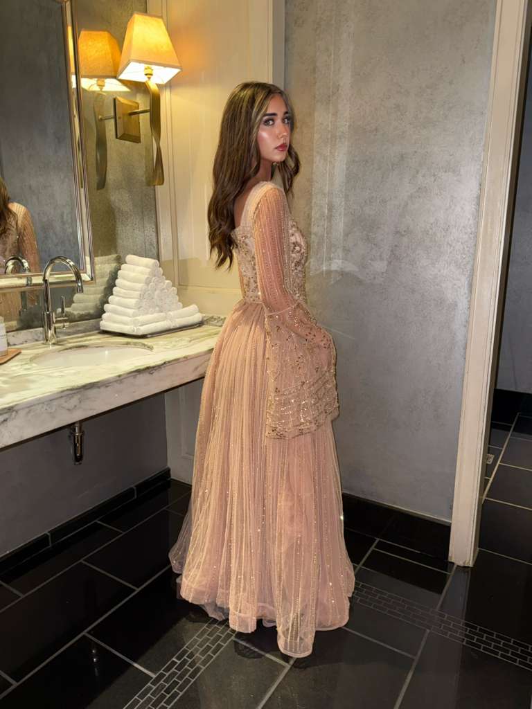 Hiba Bell Sleeves Scalloped-edge Cuffs V-neckline Embellished Gown
