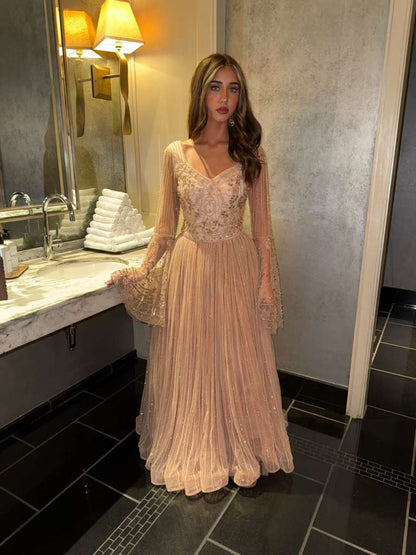 Hiba Bell Sleeves Scalloped-edge Cuffs V-neckline Embellished Gown