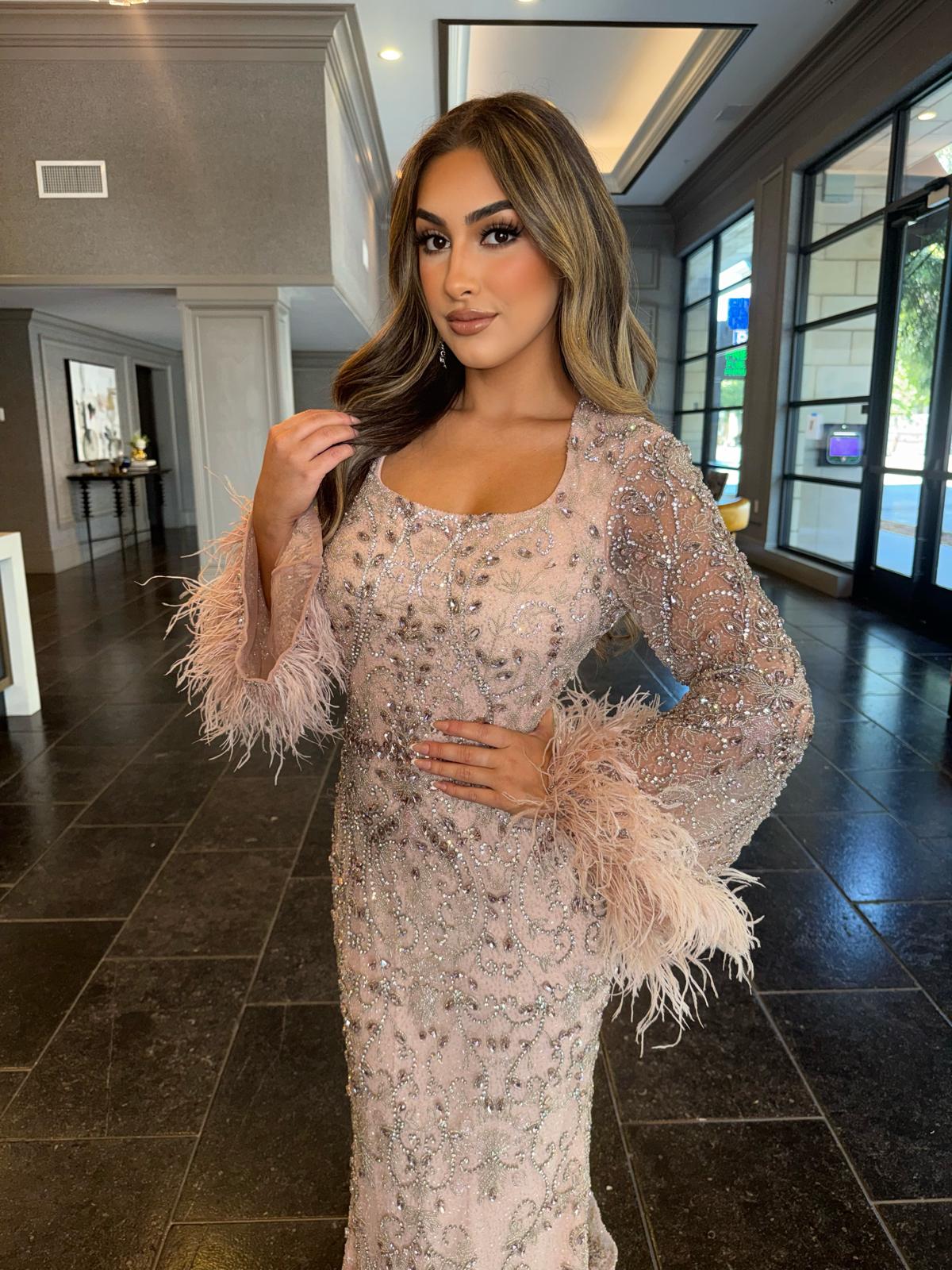 Roshana Long Sleeve Square Neckline Mermaid Dress with Feather Cuffs