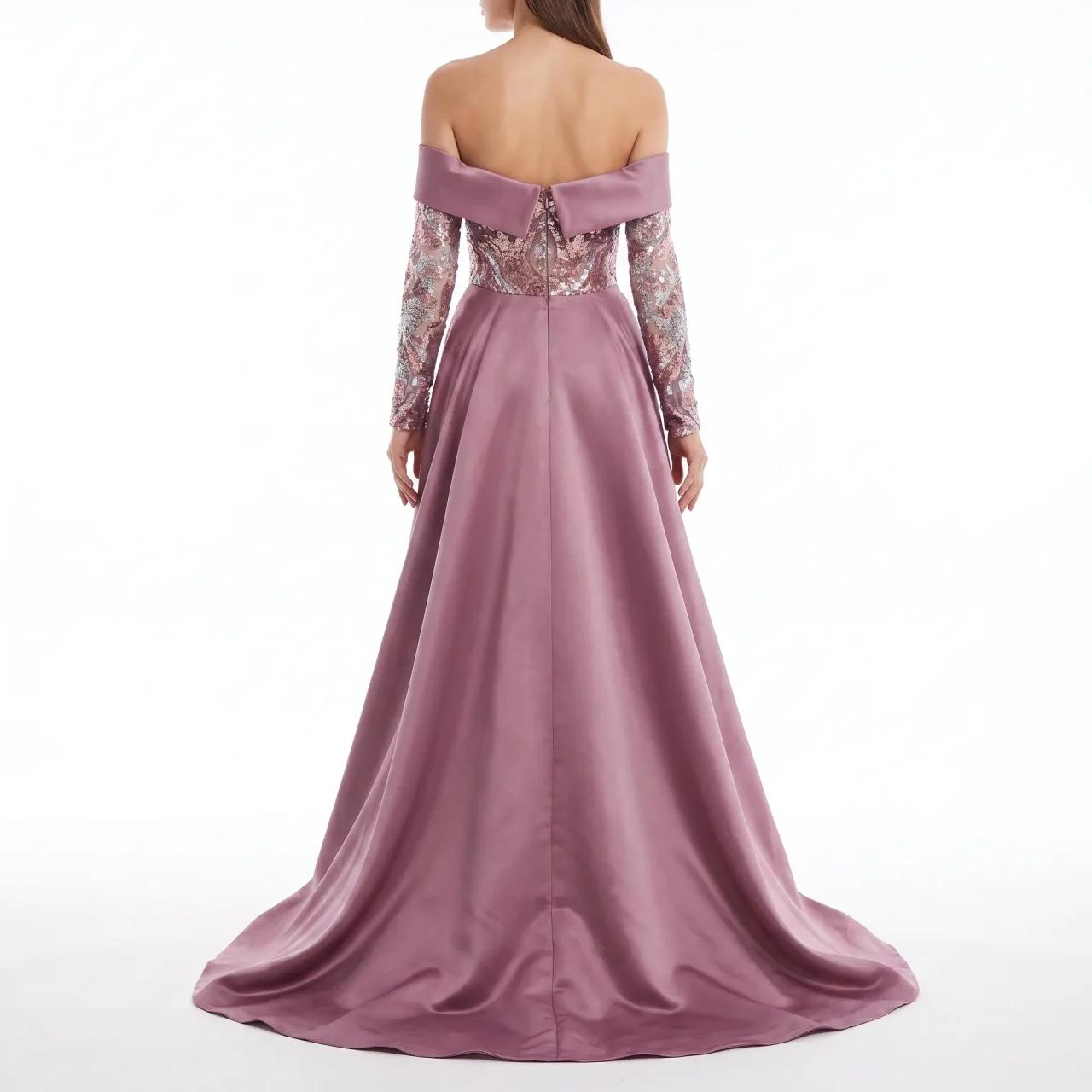 Deeba Shimmering Patterned Sequin Off-the-Shoulder Sash Evening Gown