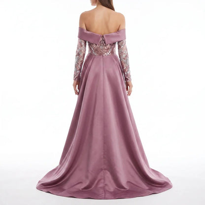 Deeba Shimmering Patterned Sequin Off-the-Shoulder Sash Evening Gown