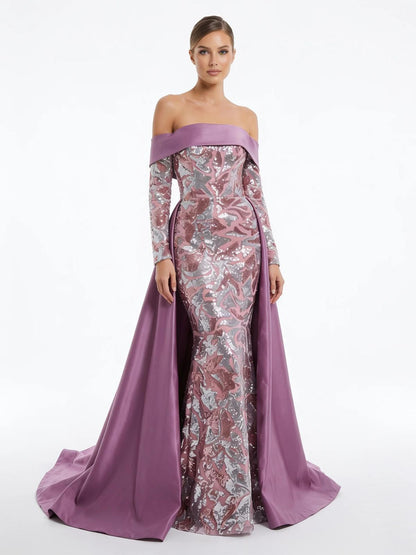 Deeba Shimmering Patterned Sequin Off-the-Shoulder Sash Evening Gown