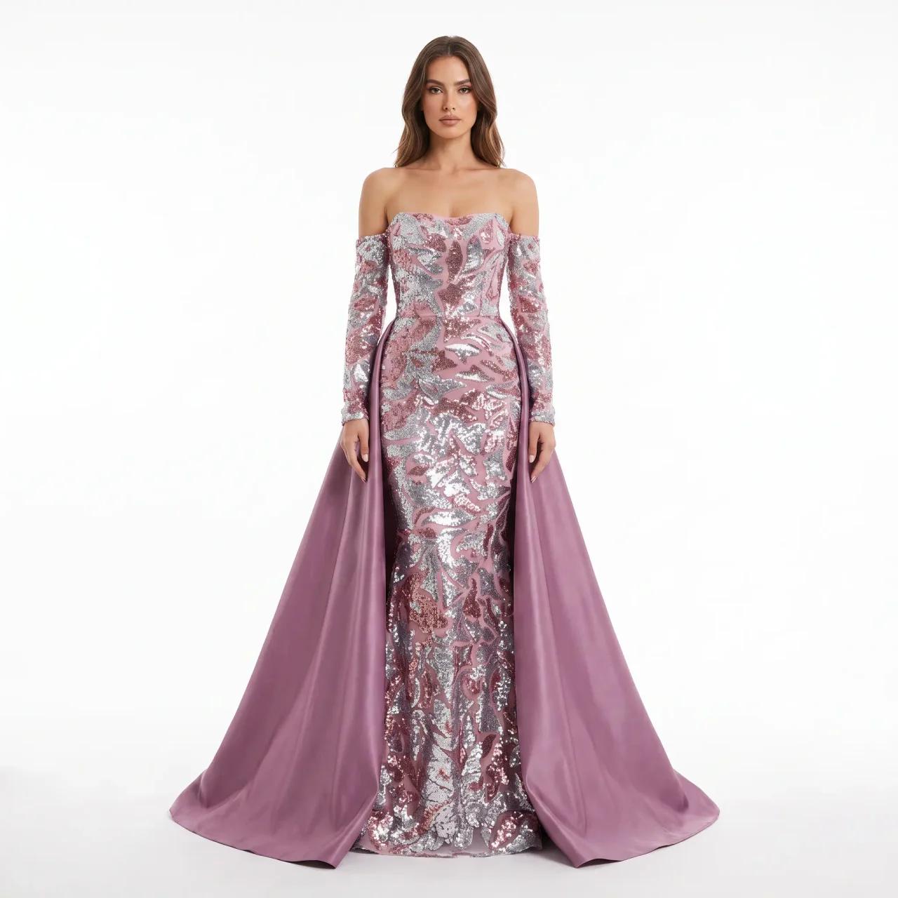 Deeba Shimmering Patterned Sequin Off-the-Shoulder Evening Gown