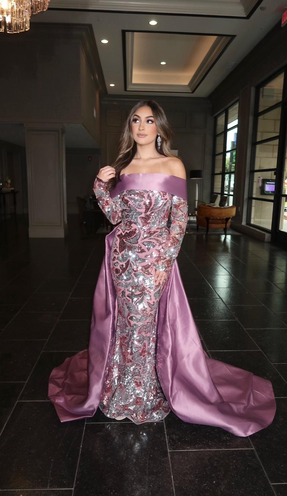 Deeba Shimmering Patterned Sequin Off-the-Shoulder Sash Evening Gown