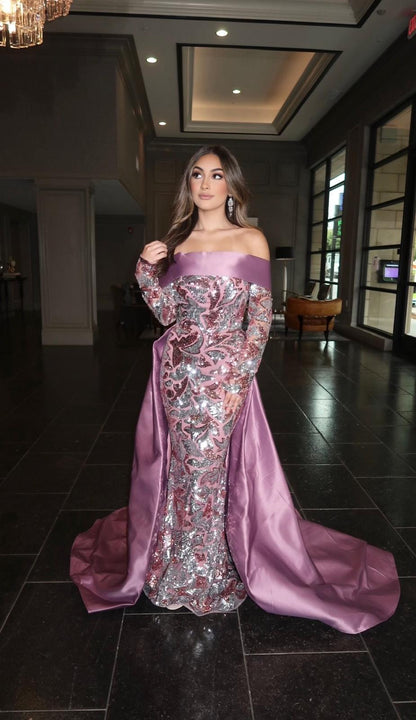 Deeba Shimmering Patterned Sequin Off-the-Shoulder Sash Evening Gown