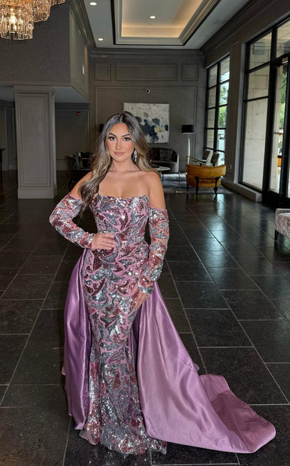 Deeba Shimmering Patterned Sequin Off-the-Shoulder Evening Gown