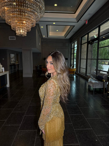 Madina Gold Embellished Fringe Evening Gown