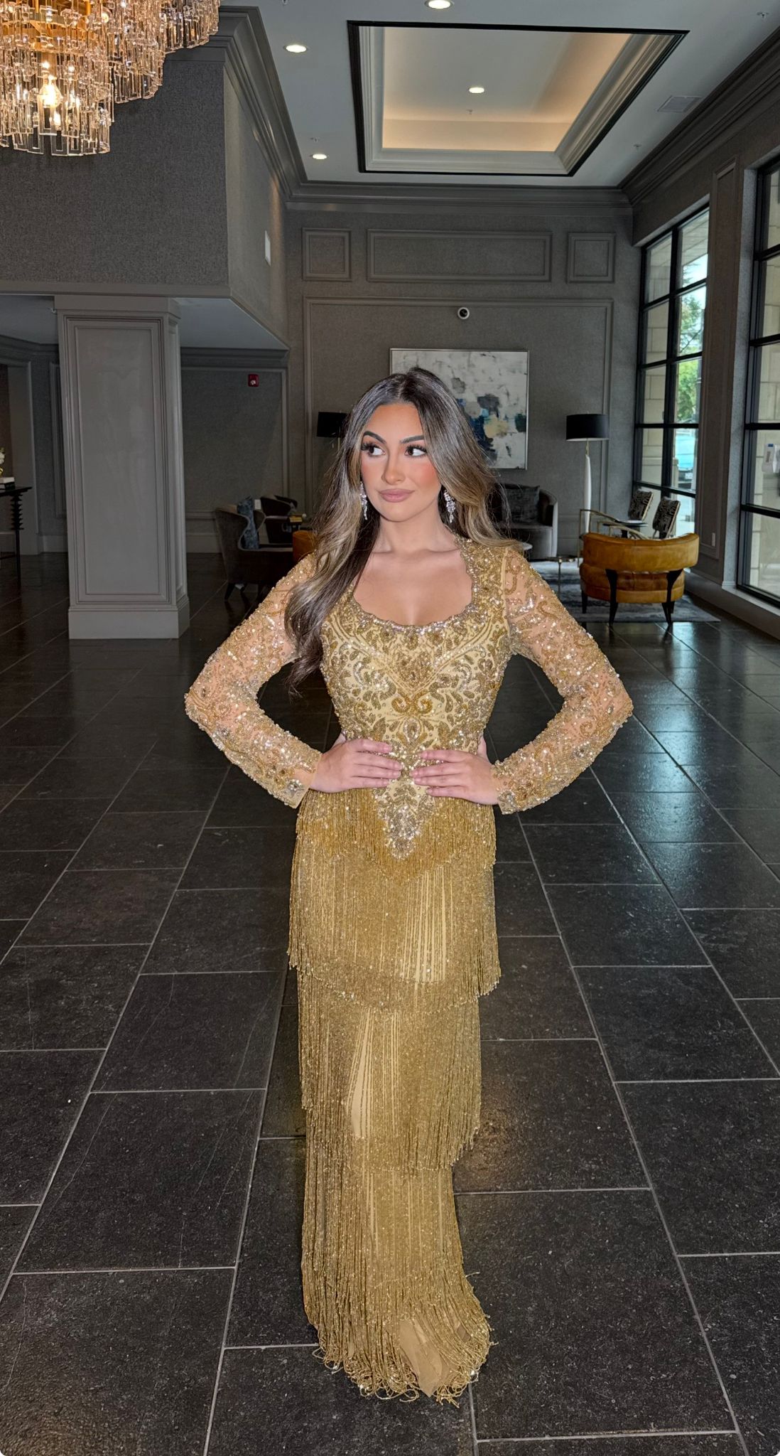 Madina Gold Embellished Fringe Evening Gown