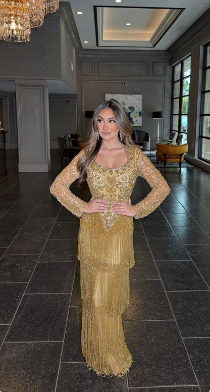Madina Gold Embellished Fringe Evening Gown