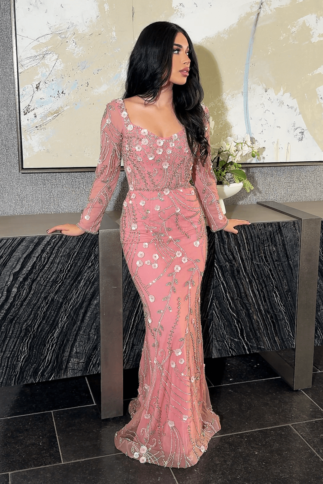 Yasmine Long Sleeve Floral Sequin Embellished Modest Evening Dress Iyza Belaar Yasmine Long Sleeve Floral Sequin Embellished Modest Evening Dress Iyza Belaar