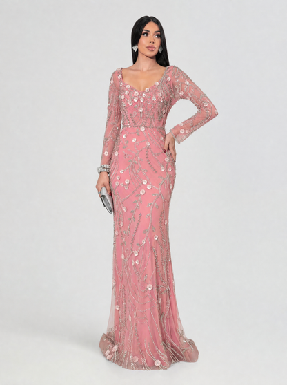 Yasmine Long Sleeve Floral Sequin Embellished Modest Evening Dress