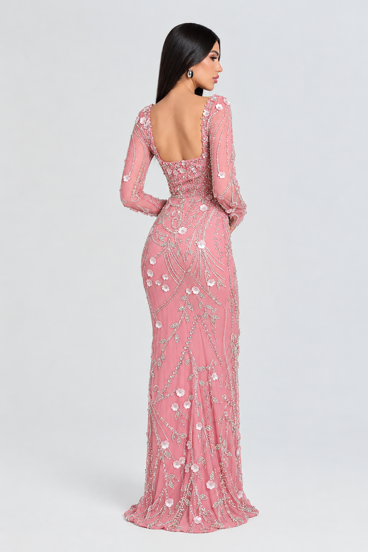 Yasmine Long Sleeve Floral Sequin Embellished Modest Evening Dress