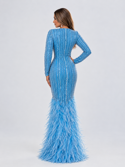 Zala Round Neck Turquoise Feather Mermaid Gown with Long Fitted Sleeves