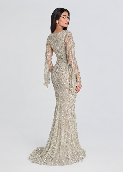 Zahra Sequin Modest Neckline Long Sleeve Embellished Dress
