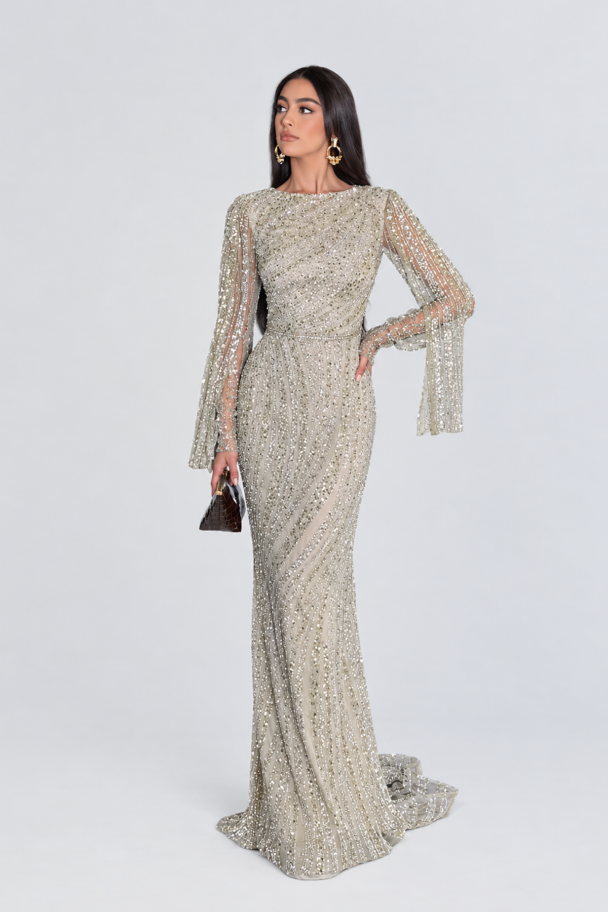 Zahra Sequin Modest Neckline Long Sleeve Embellished Dress