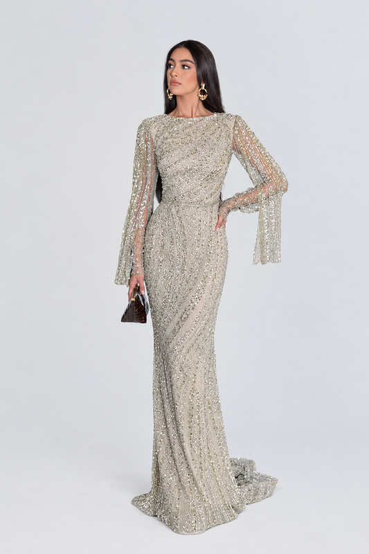 Zahra Sequin Modest Neckline Long Sleeve Embellished Dress
