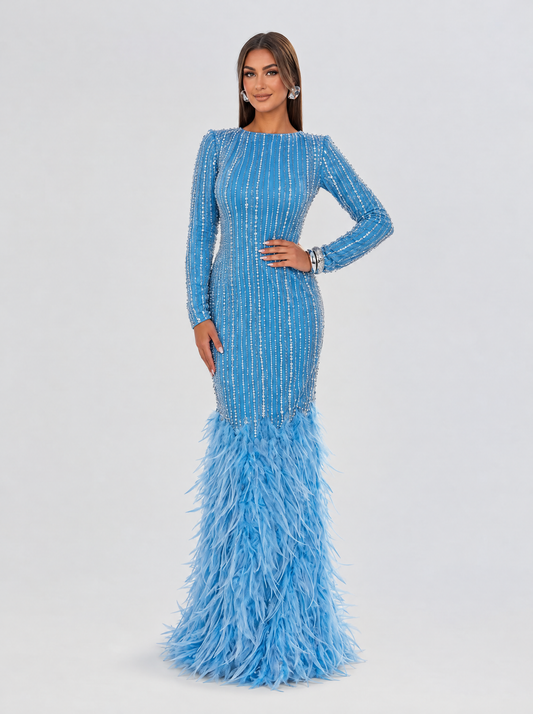 Zala Round Neck Turquoise Feather Mermaid Gown with Long Fitted Sleeves