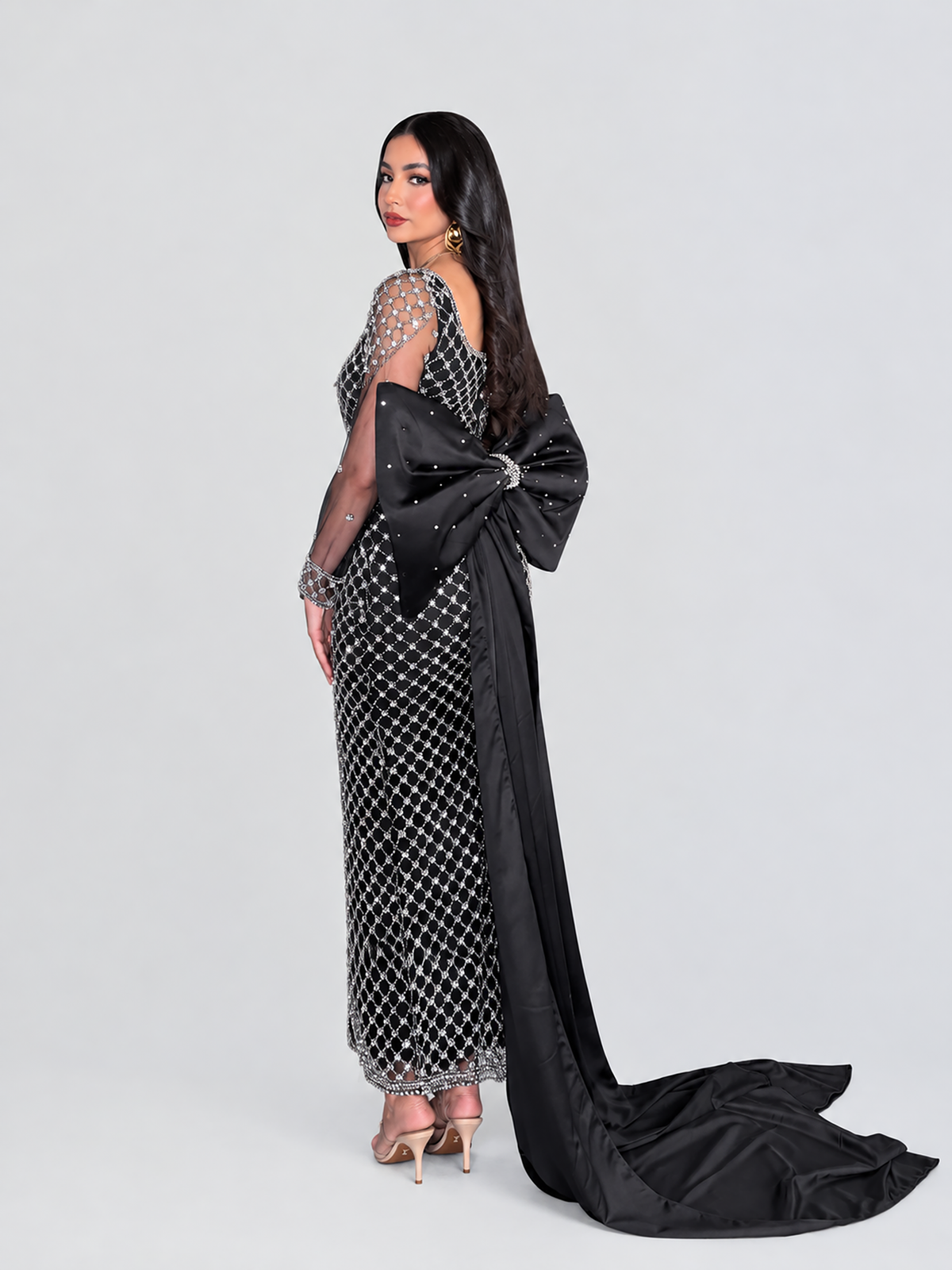 The Zaniah Crystal Lattice Evening Gown with a Stunning Large Detachable Bow