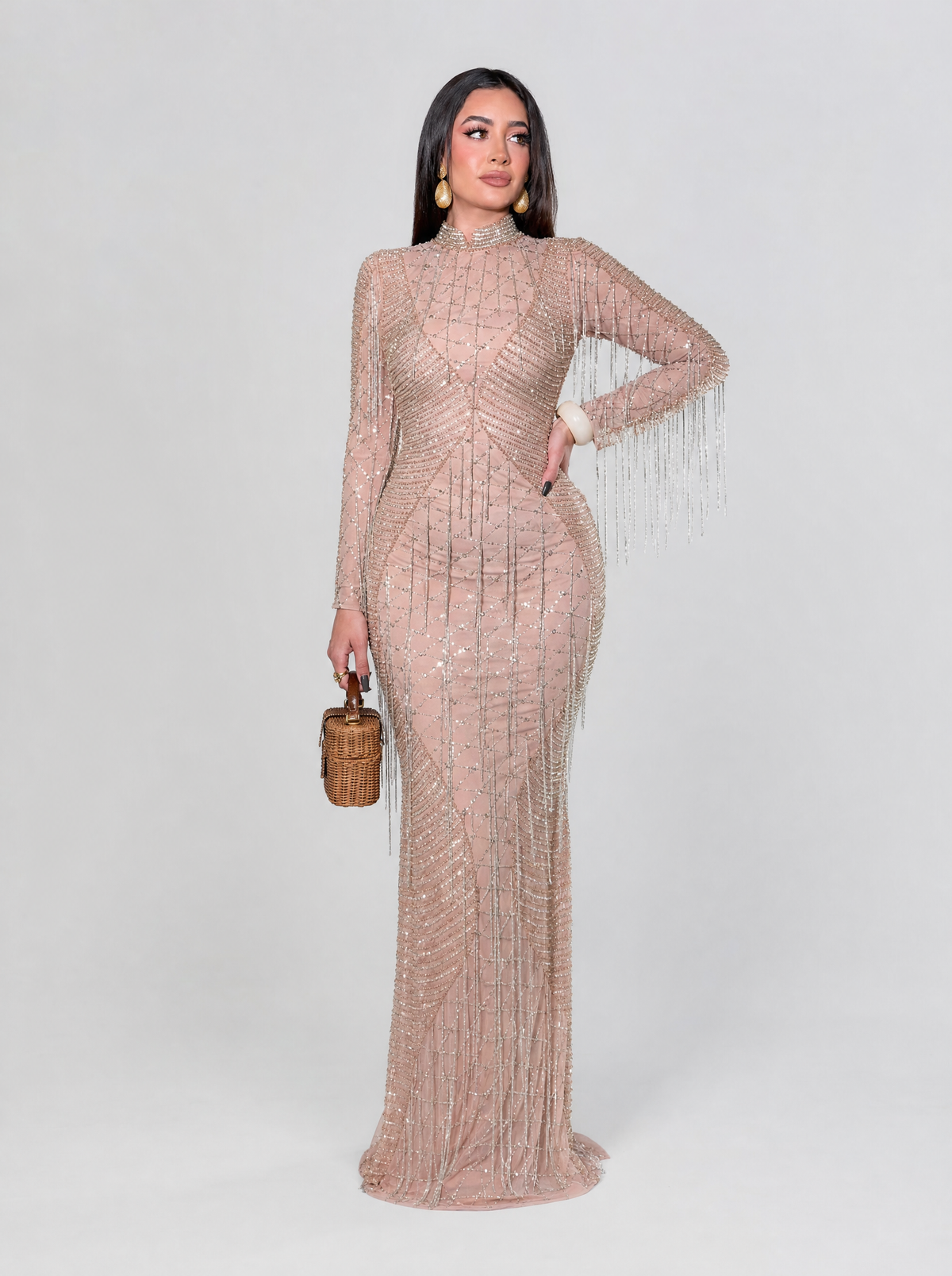 Zebaa Long Sleeve Tassel Modest Evening Dress