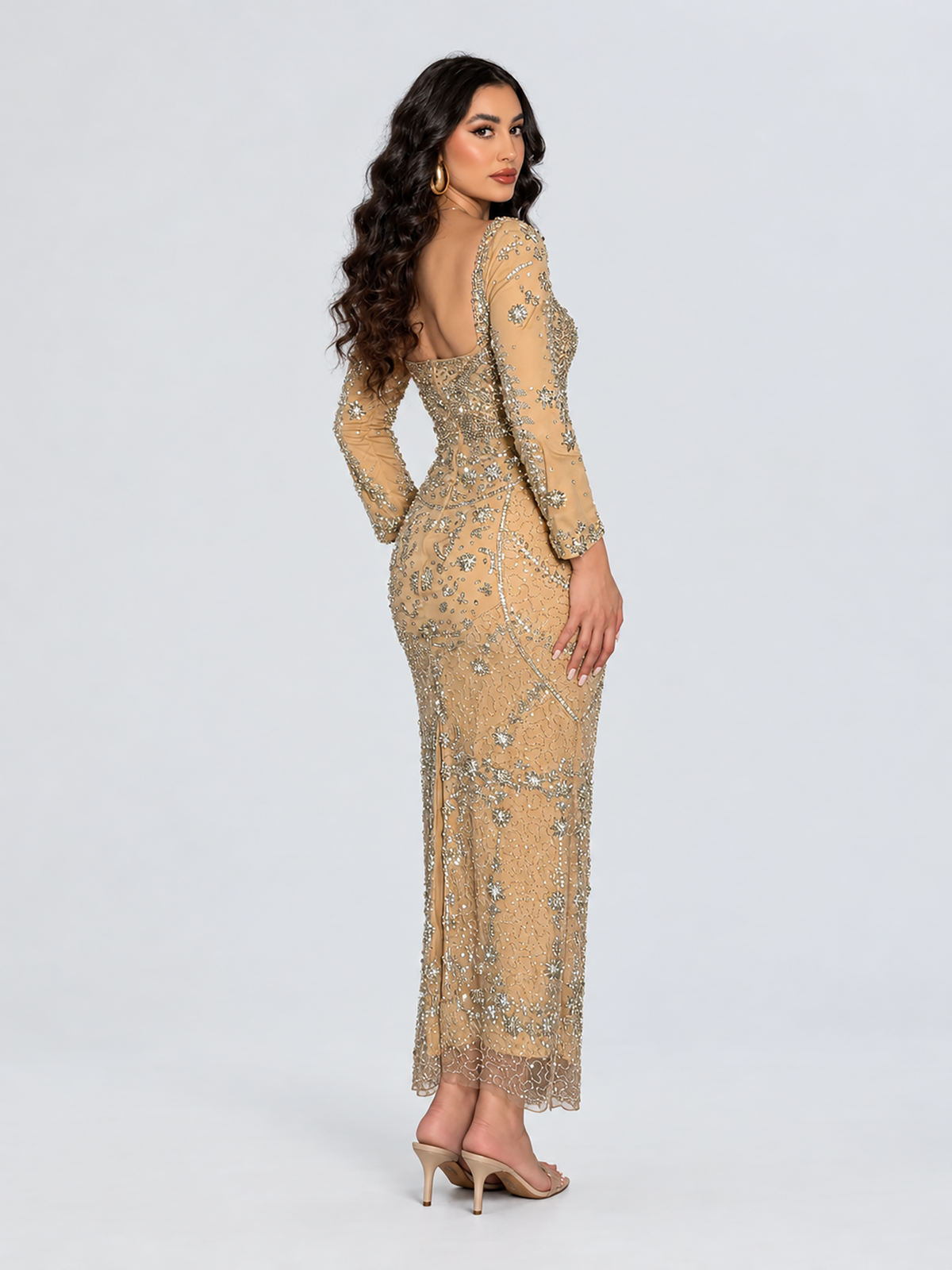 The Zeeba Ankle Long Sleeve Sweetheart Dress with flower Crystals