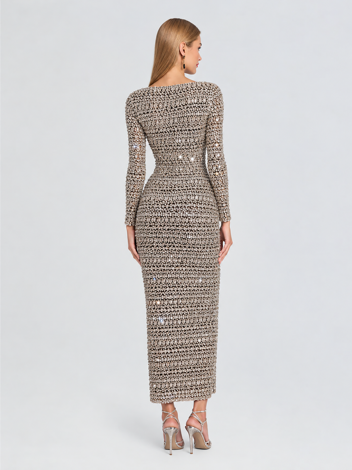 Zeena Fully Beaded Crystal Modest Long Sleeve Evening Dress