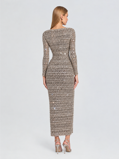 Zeena Fully Beaded Crystal Modest Long Sleeve Evening Dress